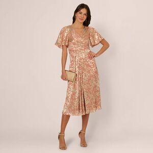 Adrianna Pappell foil leaf draped midi dress coral gold 10 NWT